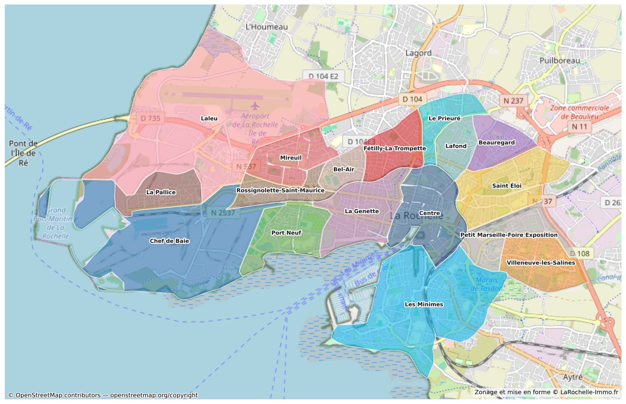 Carte des 17 quartiers de La Rochelle, regroupement des 31 IRIS Insee par LaRochelle-Immo.fr, fond de carte réel OpenStreetMap