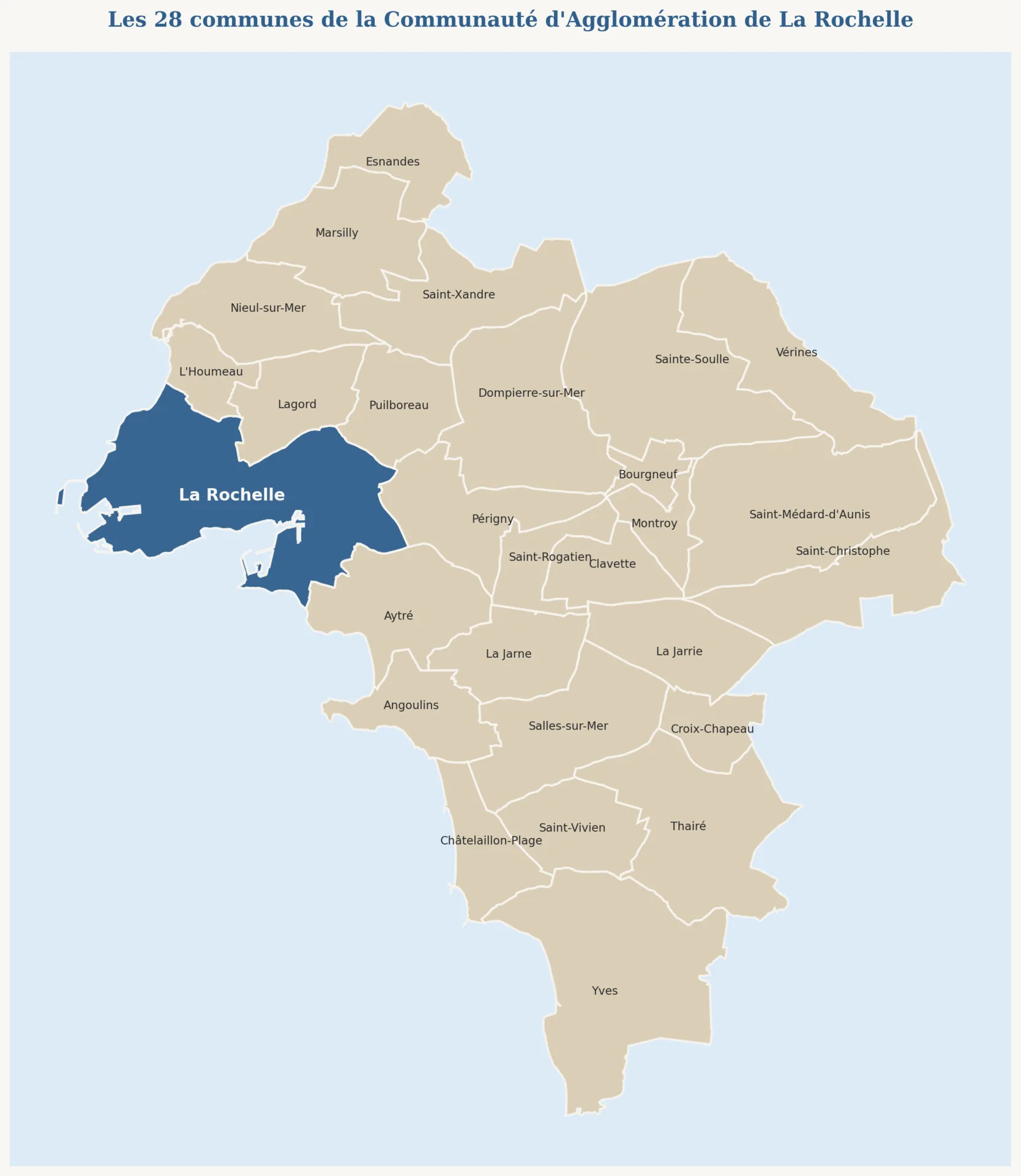 Carte des 28 communes de la Communauté d'Agglomération de La Rochelle, avec délimitations et noms